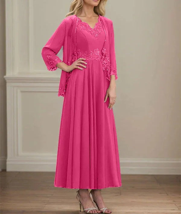 A-line V-Neck Ankle-Length Chiffon Mother of the Bride Dress With Sequins Appliques Lace Beading