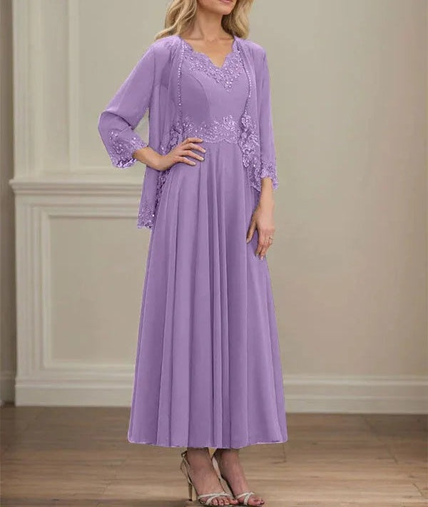 A-line V-Neck Ankle-Length Chiffon Mother of the Bride Dress With Sequins Appliques Lace Beading