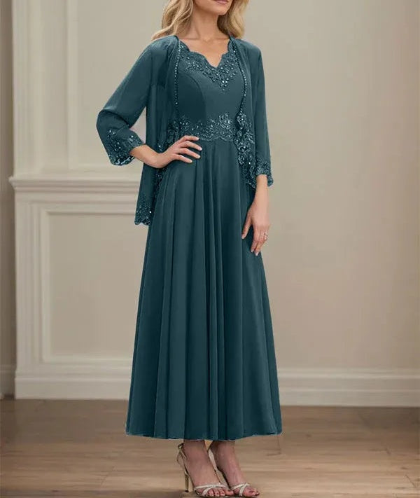 A-line V-Neck Ankle-Length Chiffon Mother of the Bride Dress With Sequins Appliques Lace Beading