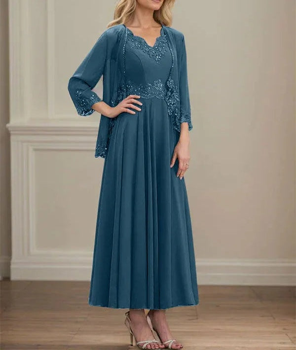 A-line V-Neck Ankle-Length Chiffon Mother of the Bride Dress With Sequins Appliques Lace Beading