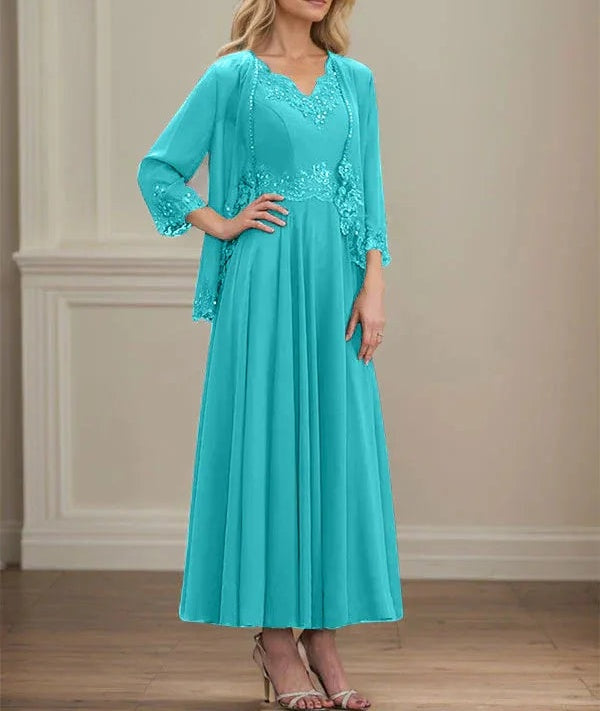 A-line V-Neck Ankle-Length Chiffon Mother of the Bride Dress With Sequins Appliques Lace Beading