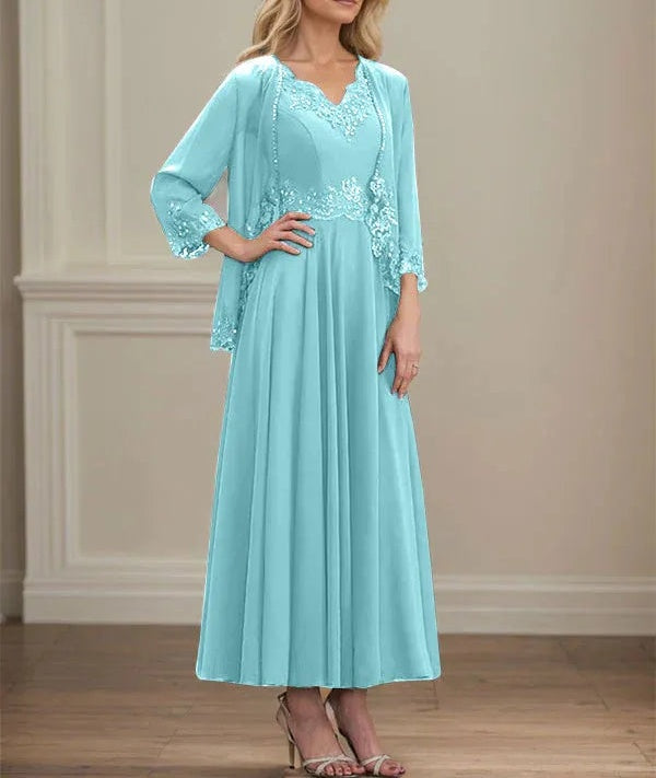 A-line V-Neck Ankle-Length Chiffon Mother of the Bride Dress With Sequins Appliques Lace Beading
