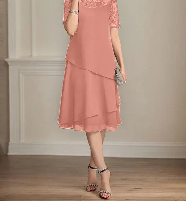 A-line Scoop Illusion Knee-Length Lace Chiffon Mother of the Bride Dress With Sequins