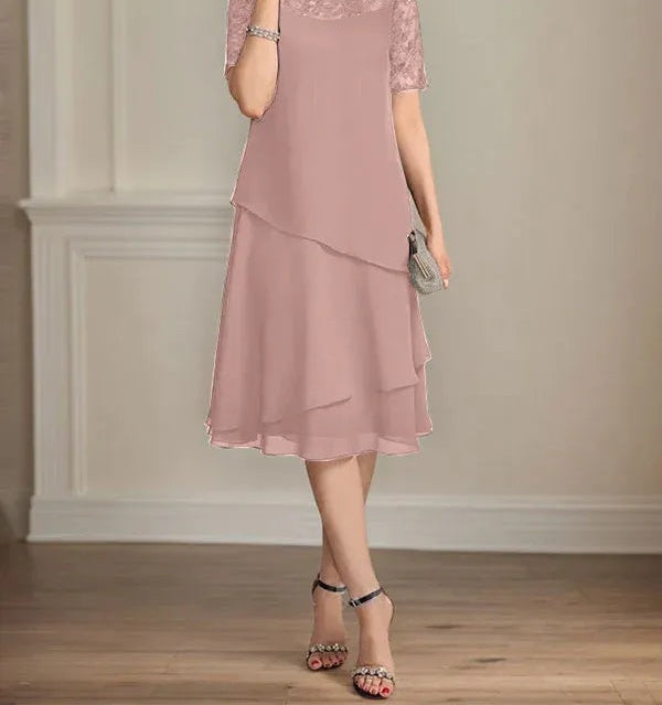 A-line Scoop Illusion Knee-Length Lace Chiffon Mother of the Bride Dress With Sequins