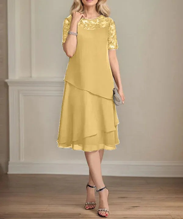 A-line Scoop Illusion Knee-Length Lace Chiffon Mother of the Bride Dress With Sequins