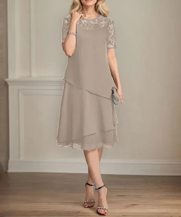 A-line Scoop Illusion Knee-Length Lace Chiffon Mother of the Bride Dress With Sequins