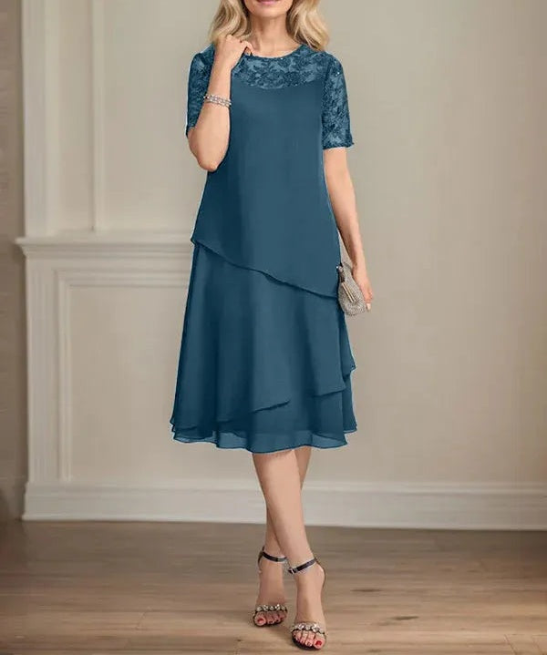 A-line Scoop Illusion Knee-Length Lace Chiffon Mother of the Bride Dress With Sequins