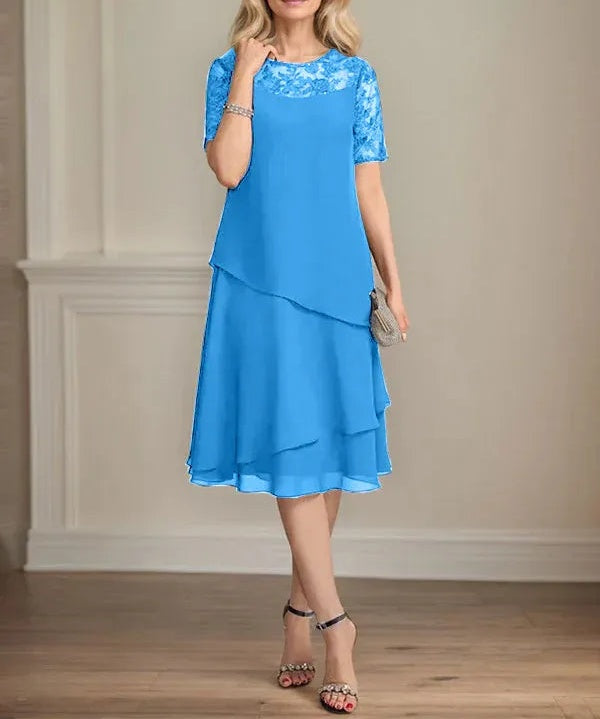 A-line Scoop Illusion Knee-Length Lace Chiffon Mother of the Bride Dress With Sequins