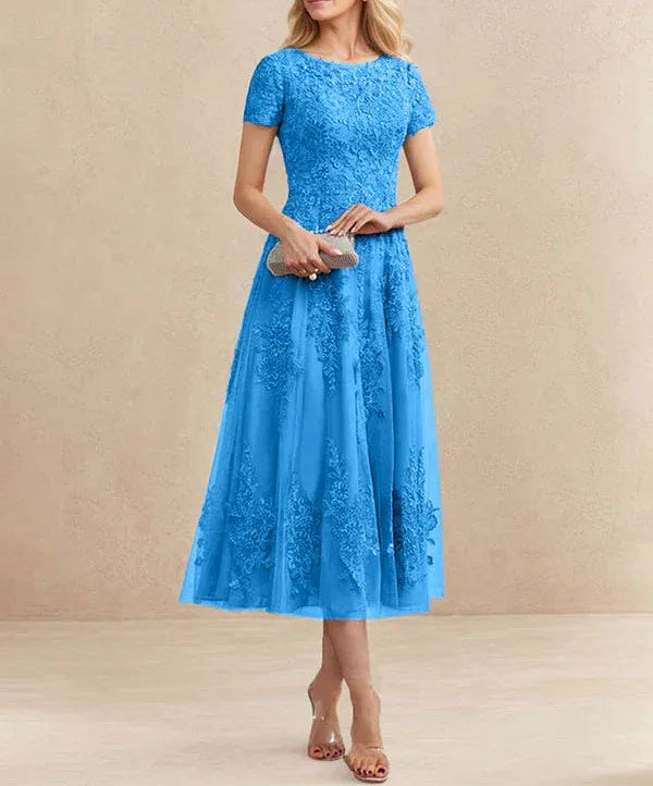A-line Scoop Tea-Length Tulle Lace Mother of the Bride Dress