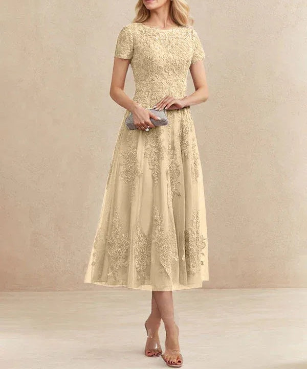 A-line Scoop Tea-Length Tulle Lace Mother of the Bride Dress