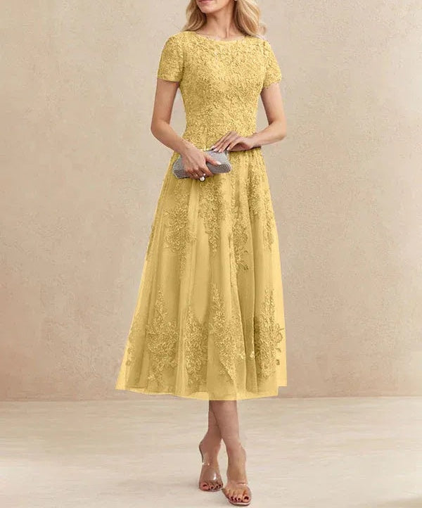 A-line Scoop Tea-Length Tulle Lace Mother of the Bride Dress