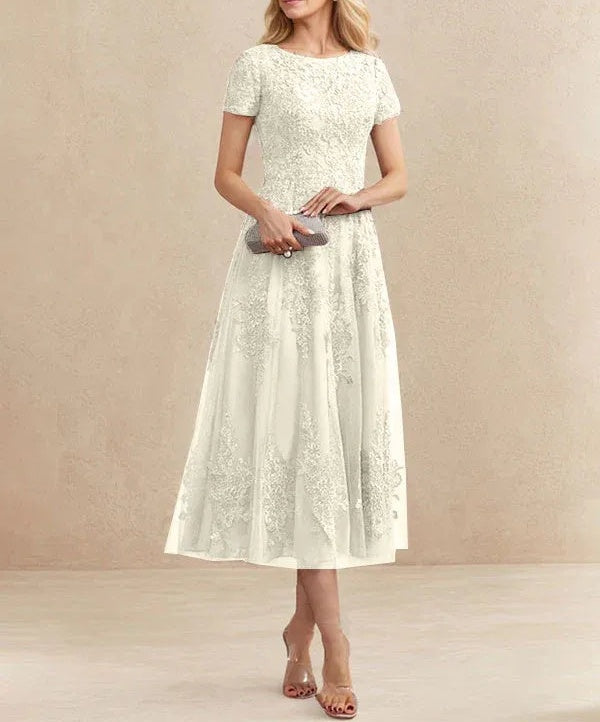 A-line Scoop Tea-Length Tulle Lace Mother of the Bride Dress