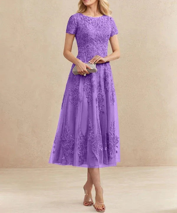 A-line Scoop Tea-Length Tulle Lace Mother of the Bride Dress