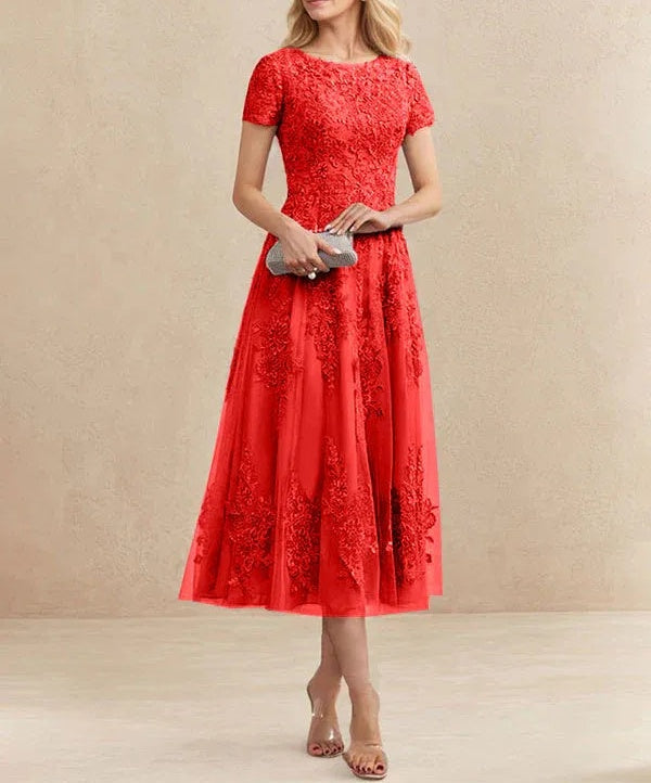 A-line Scoop Tea-Length Tulle Lace Mother of the Bride Dress