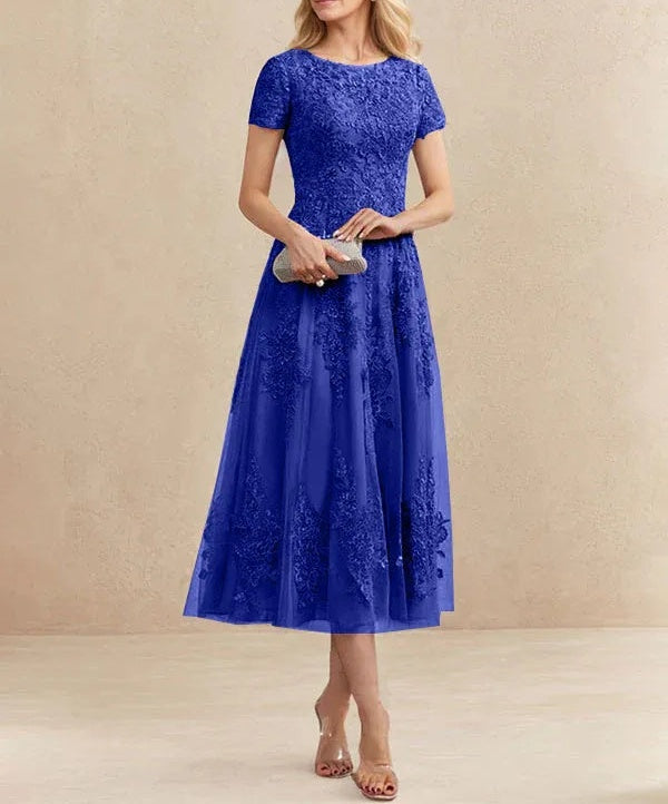 A-line Scoop Tea-Length Tulle Lace Mother of the Bride Dress