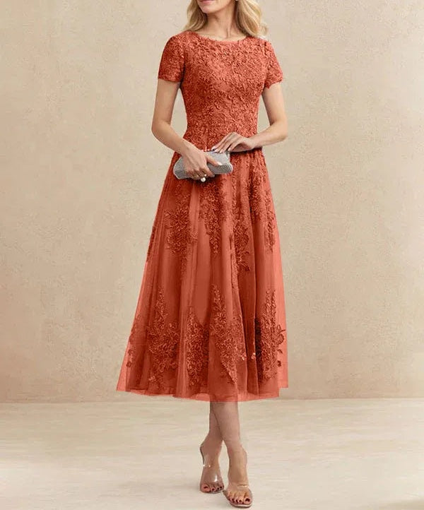 A-line Scoop Tea-Length Tulle Lace Mother of the Bride Dress