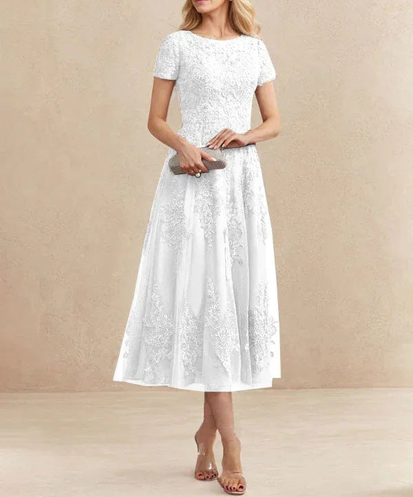 A-line Scoop Tea-Length Tulle Lace Mother of the Bride Dress