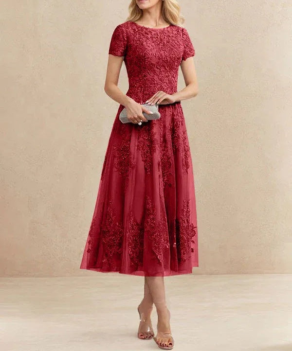 A-line Scoop Tea-Length Tulle Lace Mother of the Bride Dress