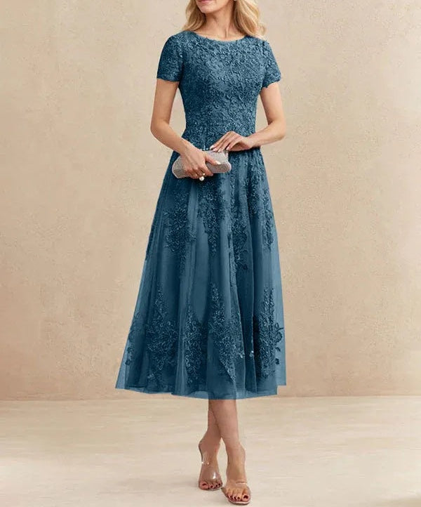 A-line Scoop Tea-Length Tulle Lace Mother of the Bride Dress