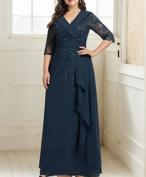 A-line Collared V-Neck Floor-Length Lace Chiffon Mother of the Bride Dress With Sequins Cascading Ruffles