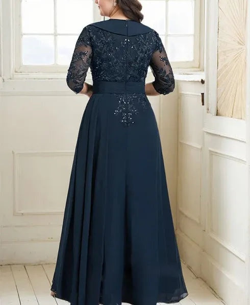 A-line Collared V-Neck Floor-Length Lace Chiffon Mother of the Bride Dress With Sequins Cascading Ruffles