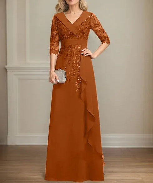A-line Collared V-Neck Floor-Length Lace Chiffon Mother of the Bride Dress With Sequins Cascading Ruffles