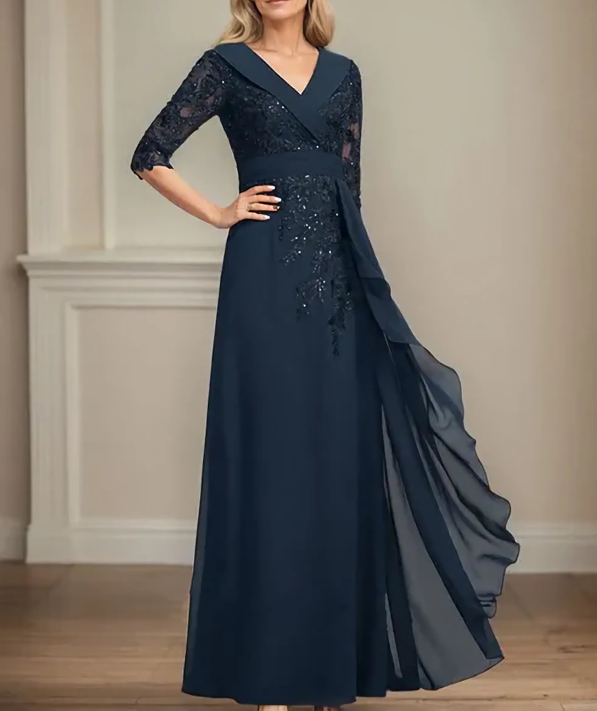 A-line Collared V-Neck Floor-Length Lace Chiffon Mother of the Bride Dress With Sequins Cascading Ruffles