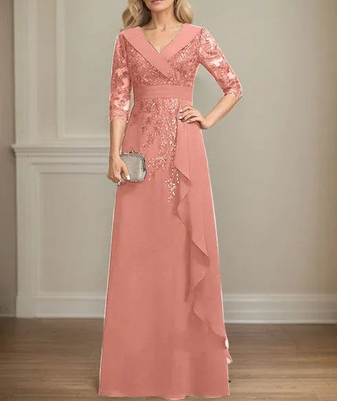 A-line Collared V-Neck Floor-Length Lace Chiffon Mother of the Bride Dress With Sequins Cascading Ruffles