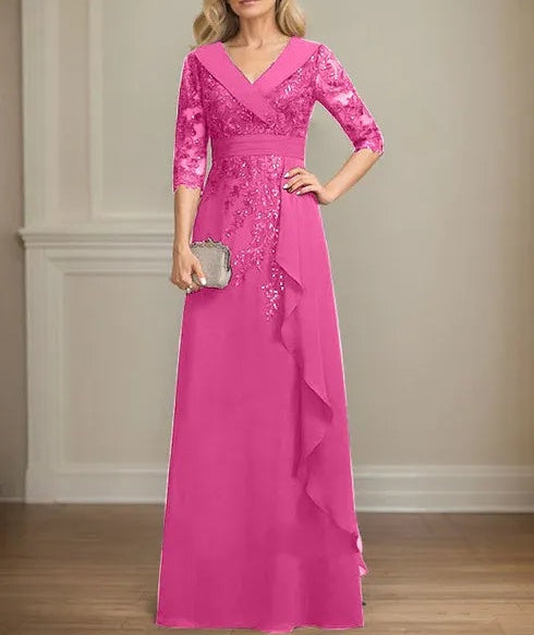 A-line Collared V-Neck Floor-Length Lace Chiffon Mother of the Bride Dress With Sequins Cascading Ruffles
