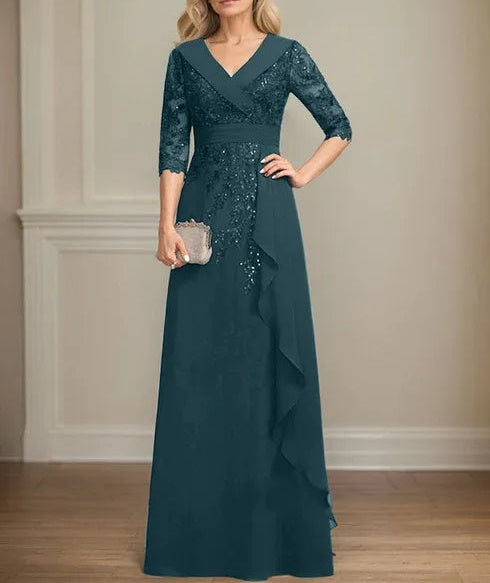 A-line Collared V-Neck Floor-Length Lace Chiffon Mother of the Bride Dress With Sequins Cascading Ruffles