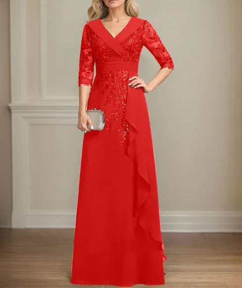 A-line Collared V-Neck Floor-Length Lace Chiffon Mother of the Bride Dress With Sequins Cascading Ruffles