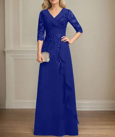 A-line Collared V-Neck Floor-Length Lace Chiffon Mother of the Bride Dress With Sequins Cascading Ruffles