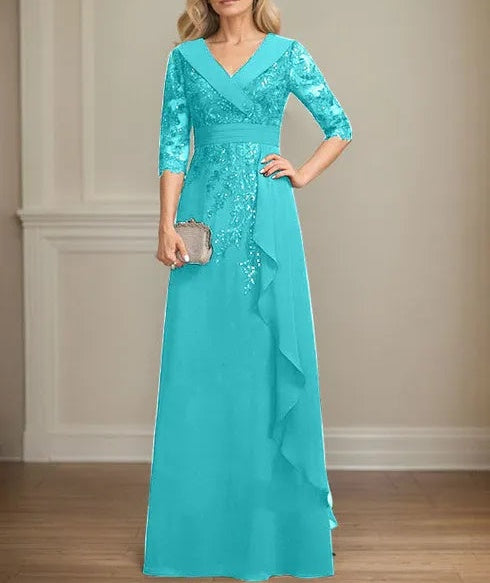 A-line Collared V-Neck Floor-Length Lace Chiffon Mother of the Bride Dress With Sequins Cascading Ruffles