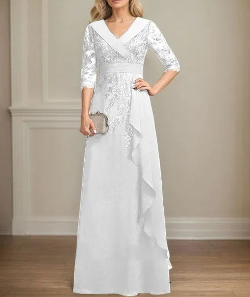 A-line Collared V-Neck Floor-Length Lace Chiffon Mother of the Bride Dress With Sequins Cascading Ruffles