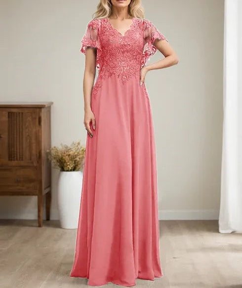 A-line V-Neck Floor-Length Lace Chiffon Mother of the Bride Dress With Sequins