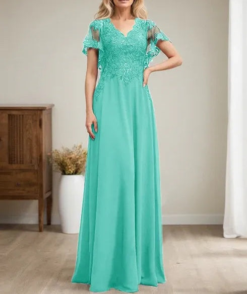 A-line V-Neck Floor-Length Lace Chiffon Mother of the Bride Dress With Sequins