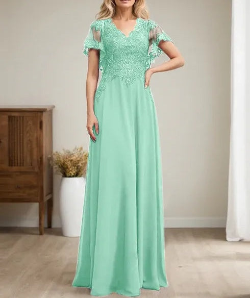 A-line V-Neck Floor-Length Lace Chiffon Mother of the Bride Dress With Sequins