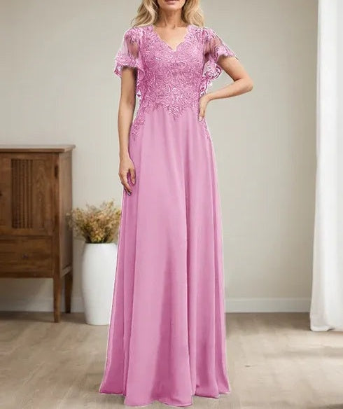 A-line V-Neck Floor-Length Lace Chiffon Mother of the Bride Dress With Sequins