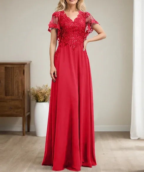 A-line V-Neck Floor-Length Lace Chiffon Mother of the Bride Dress With Sequins