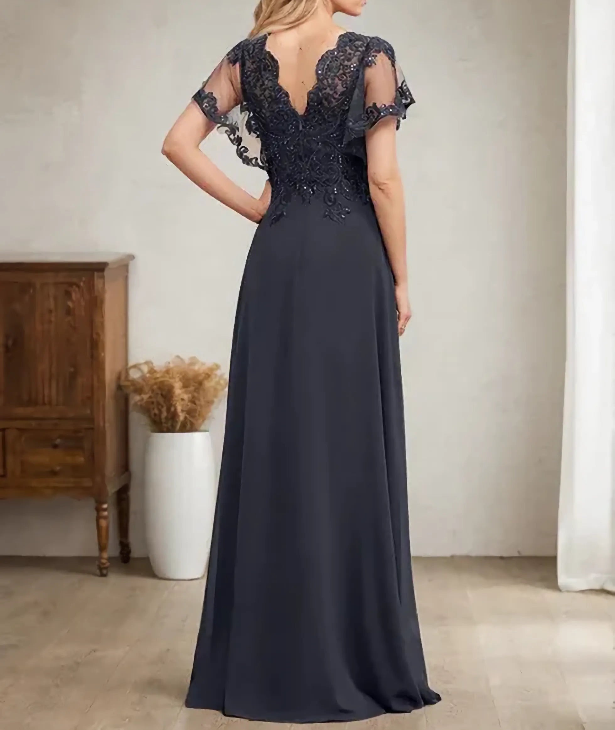 A-line V-Neck Floor-Length Lace Chiffon Mother of the Bride Dress With Sequins