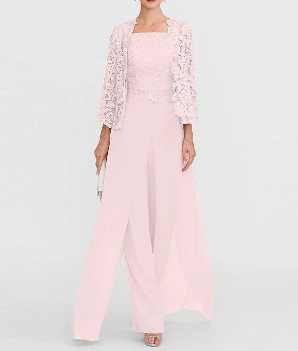 3 Piece Chiffon Square Neck Mother of the Bride Pantsuits with Jacket
