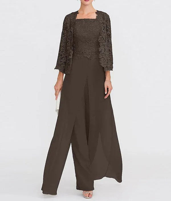 3 Piece Chiffon Square Neck Mother of the Bride Pantsuits with Jacket