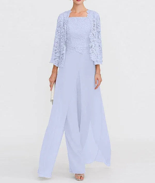 3 Piece Chiffon Square Neck Mother of the Bride Pantsuits with Jacket