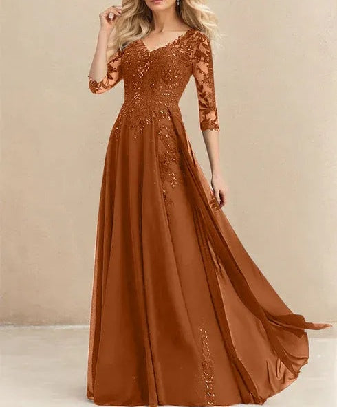 A-line V-Neck Floor-Length Lace Chiffon Mother of the Bride Dress With Sequins