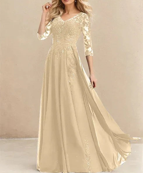 A-line V-Neck Floor-Length Lace Chiffon Mother of the Bride Dress With Sequins