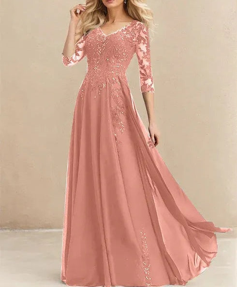 A-line V-Neck Floor-Length Lace Chiffon Mother of the Bride Dress With Sequins