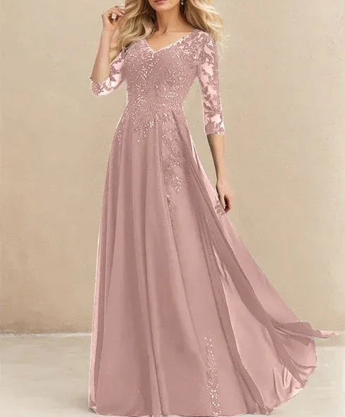 A-line V-Neck Floor-Length Lace Chiffon Mother of the Bride Dress With Sequins