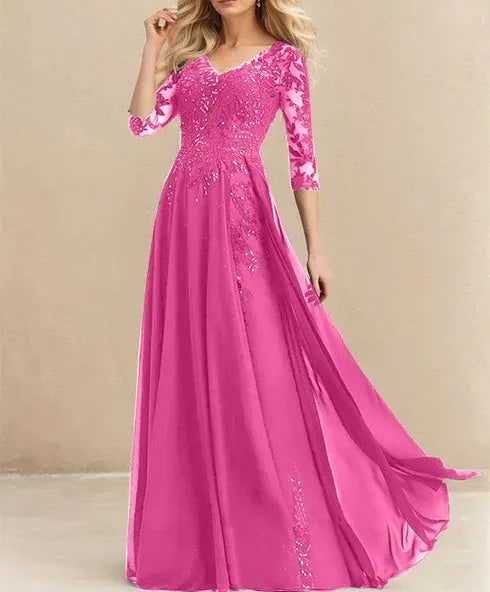 A-line V-Neck Floor-Length Lace Chiffon Mother of the Bride Dress With Sequins