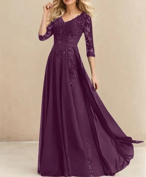 A-line V-Neck Floor-Length Lace Chiffon Mother of the Bride Dress With Sequins