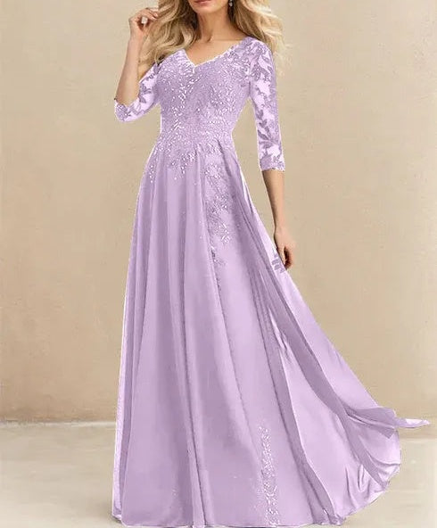 A-line V-Neck Floor-Length Lace Chiffon Mother of the Bride Dress With Sequins